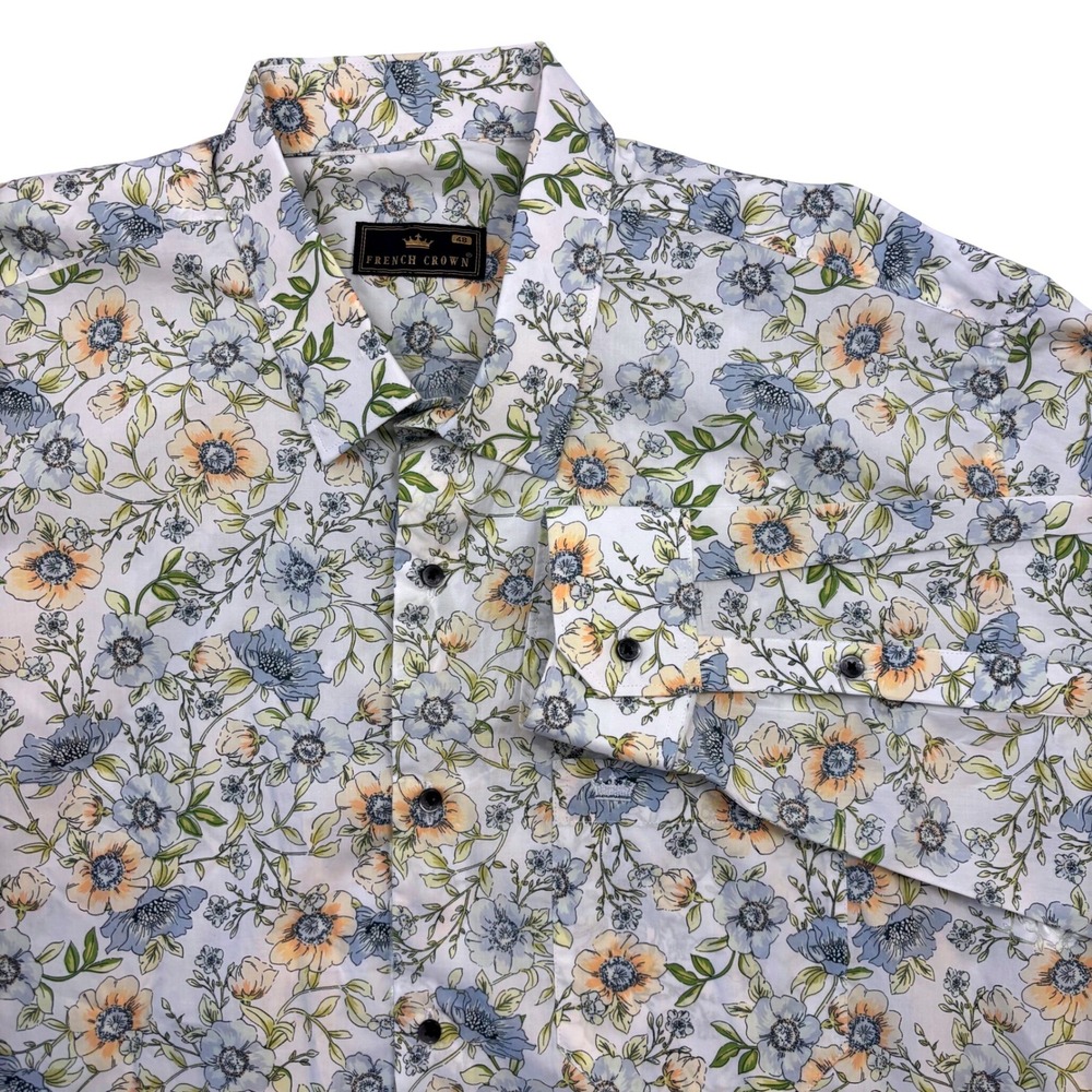 French Crown Mens Floral Button Down Shirt White Blue Peach Long Sleeve‎ Size 48